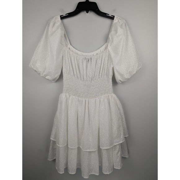 Lulus Tiers To Me White Puff Sleeve Tiered Dress Mini Skater M Off‎ The Shoulder - Picture 13 of 13